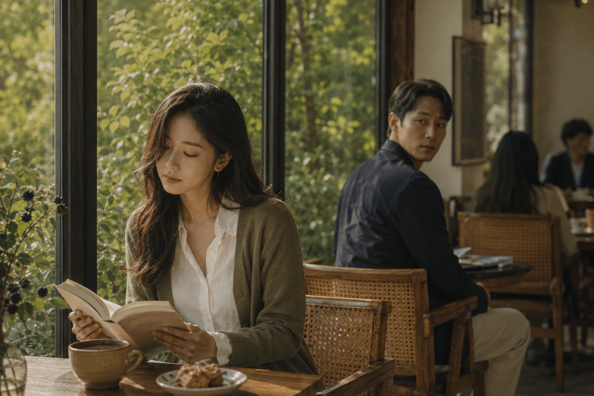 카페 창가에서 책 읽는 여성과 뒤돌아보는 남성 — 조말론 블랙베리 앤 베이의 일상 스킨센트 무드