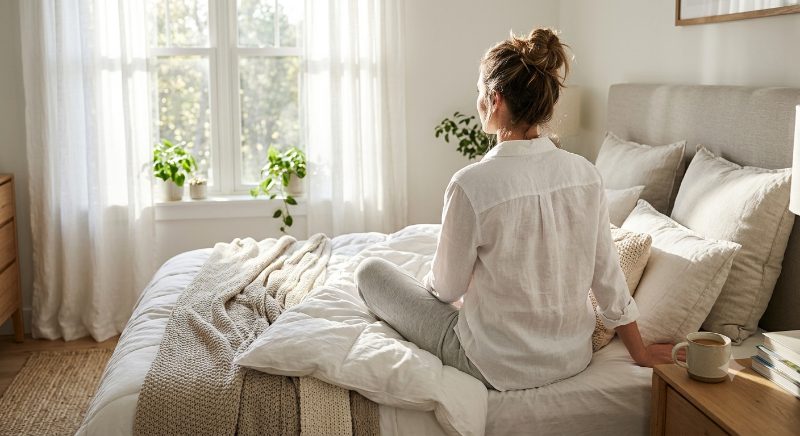 비누향 향수를 연상시키는 아침 햇살 가득한 침실에서 리넨 셔츠를 입고 앉아 있는 여성 — 코튼·클린 무드