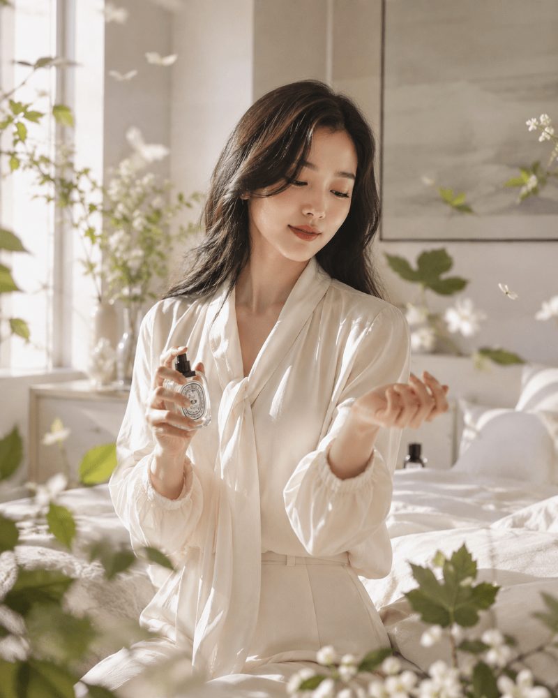 딥디크 도손 향수를 손목에 뿌리는 여성 - 화이트 플로럴 향 착향 장면