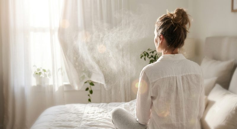 밝은 침실에서 여성이 향수를 공중에 분사하며 은은하게 사용하는 모습 — 올바른 향수 사용법
