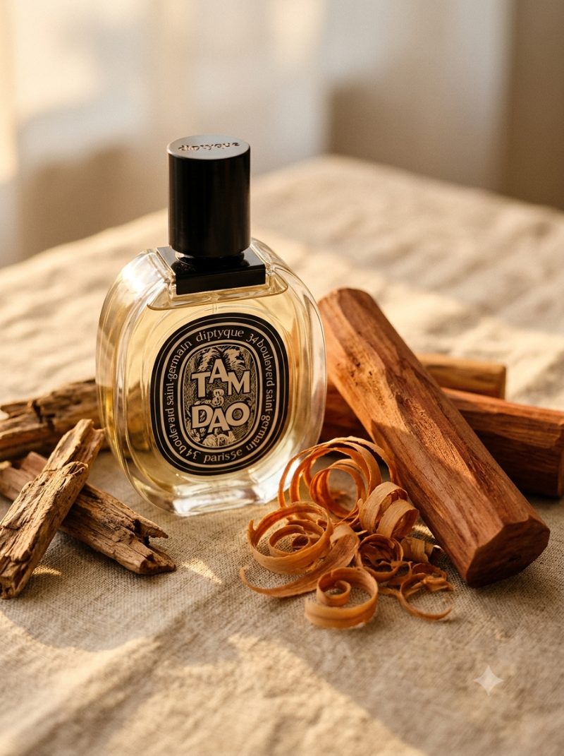 샌달우드 나뭇조각과 함께 리넨 위에 놓인 딥디크 탐다오 오 드 뚜왈렛
