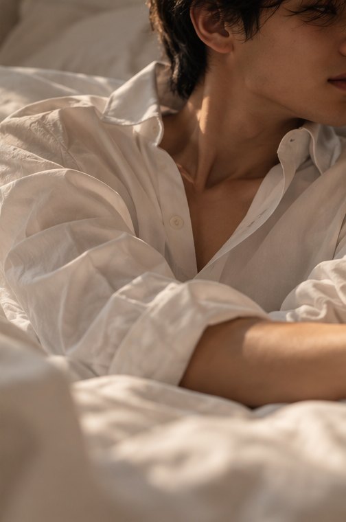 아침 햇살 아래 흰 셔츠를 입은 남자 — 로에베 001 맨 분위기